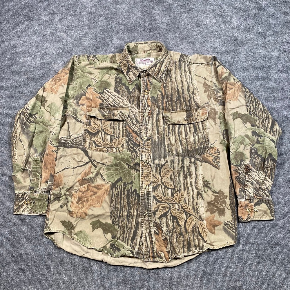 Wrangler Rugged Wear Mens Camo Button Down Shirt L R990LEB Real Tree Cotton